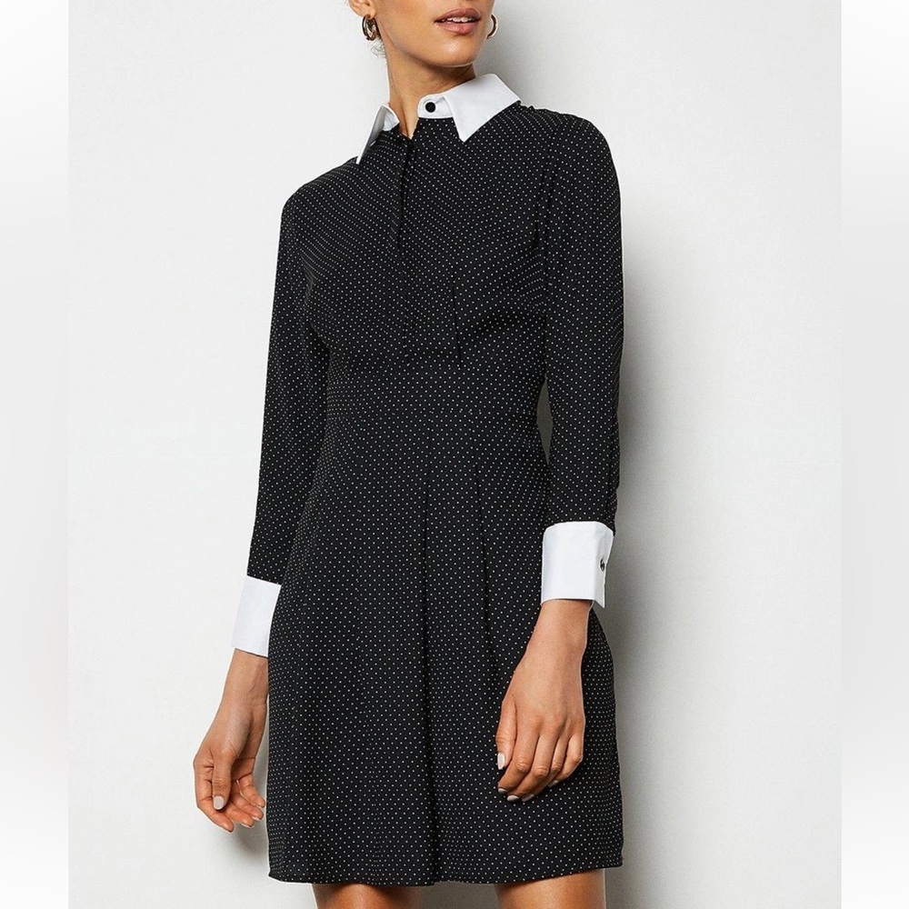 Karen Millen Black Polka Dot Mini Dress White Contrast Collar Cuffs US 6